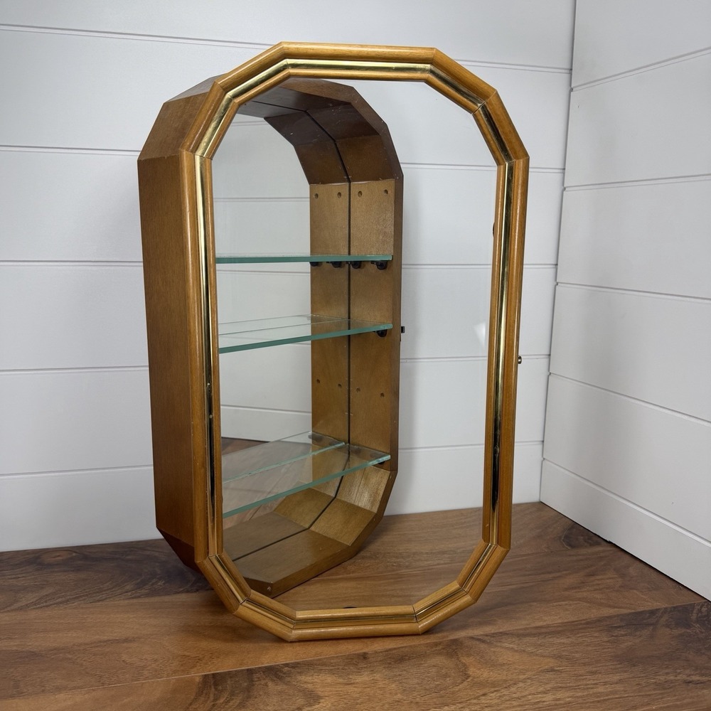 VTG Wood Glass Mirror Octagonal Trinket Cabinet Wall Hanging Curio Shelf 80s 90s